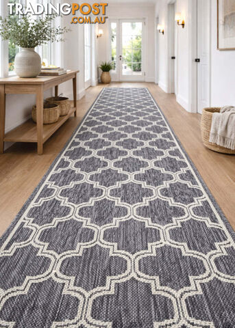Moroccan Silver Ivory Hall Runner Non-Slip 80cm Wide 4M - 2534 Silver Grey Ivory...