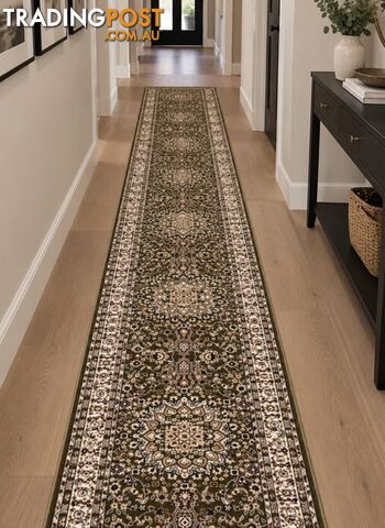 Heirloom Green Medallion Hallway Runner 80CM Wide 2.5M