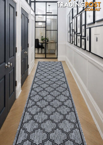 Moroccan Grey Black Hall Runner Non-Slip 80cm Wide 14M - 2534 Grey Black (DM9...