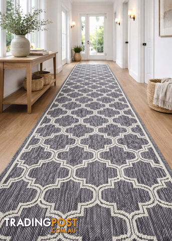Moroccan Silver Ivory Hall Runner Non-Slip 80cm Wide 9.5M - 2534 Silver Grey...