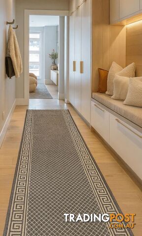Xena Greek Key Taupe Linen Hall Runner Non-Slip 67cm Wide 2.5M - 2533 Taupe...