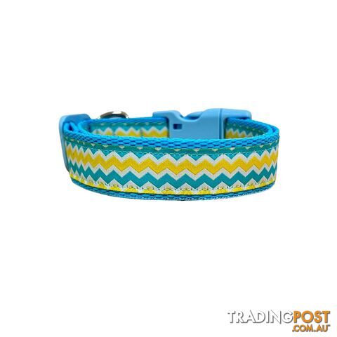 Blue & Yellow Waves Dog Collar - Hand Made by The Bark Side - TBSBLUMEDBBL