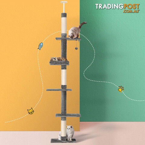 i.Pet Cat Tree 290cm Tower Scratching Post Scratcher Floor to Ceiling Cats Bed - PET-CAT-POLE-GRWH