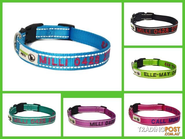 Doggie ID Collar Nylon w/Reflective Stitching Embroidered Personalised Custom. - GC-DIC-031-S-PUR