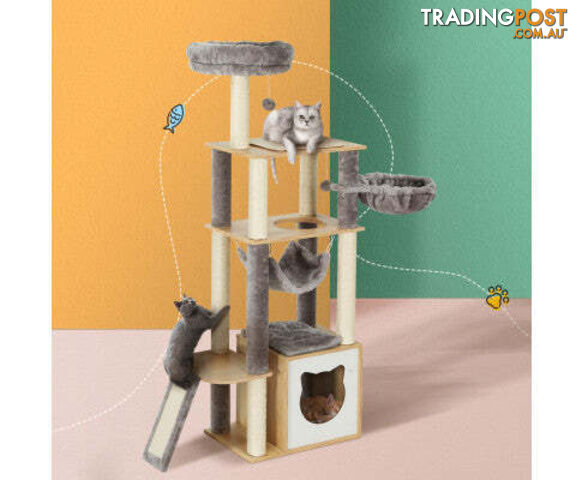 i.Pet Cat Tree Tower Scratching Post with Wood Bed Condo House 152cm - PET-CAT-WOOD01-GR
