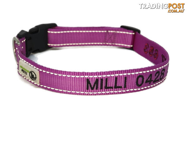 Doggie ID Collar Nylon w/Reflective Stitching Embroidered Personalised Custom. - GC-DIC-031-L-PNK