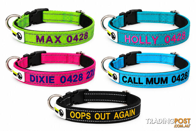 Doggie ID Collar Nylon w/Reflective Stitching Padded Embroidered Personalised...