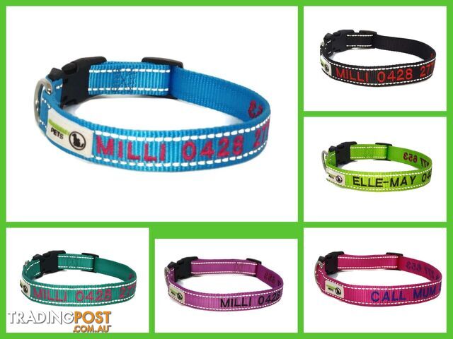 Doggie ID Collar Nylon w/Reflective Stitching Embroidered Personalised Custom. - GC-DIC-031-XS-PUR