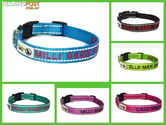 Doggie ID Collar Nylon w/Reflective Stitching Embroidered Personalised Custom. - GC-DIC-031-S-LBLU