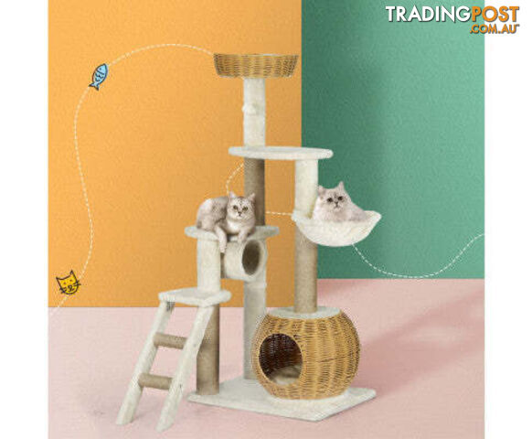 i.Pet Cat Tree 138cm Tower Scratching Post Scratcher with Wood Bed Condo House and Rattan Ladder - PET-CAT-RATTAN01-BE