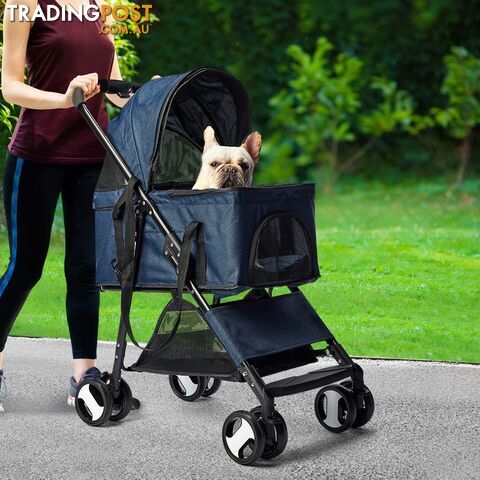 Pet Stroller Dog Cat Pram Foldable Carrier 4 Wheels Large Travel Pushchair Blue - WB-ST1004-BL