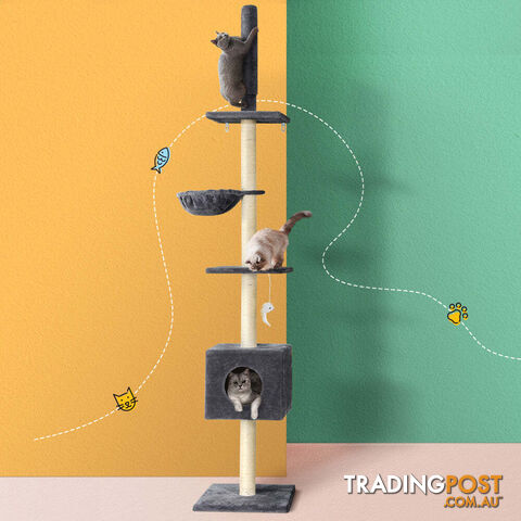 i.Pet Cat Tree 260cm Tower Scratching Post Scratcher Floor to Ceiling Cats Bed Dark Grey - PET-CAT-POLE-DKGR