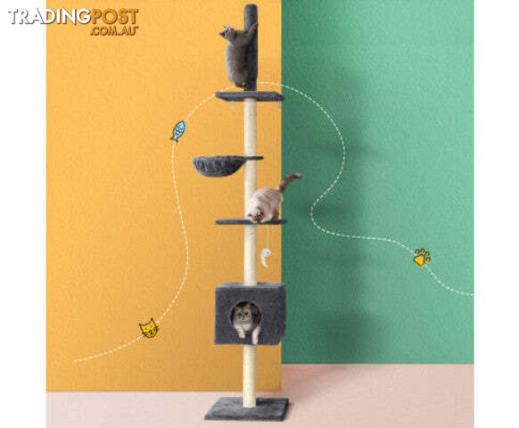 i.Pet Cat Tree Tower Scratching Post Floor to Ceiling 260cm - PET-CAT-POLE-DKGR