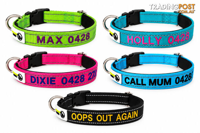 Doggie ID Collar Nylon w/Reflective Stitching Padded Embroidered Personalised...