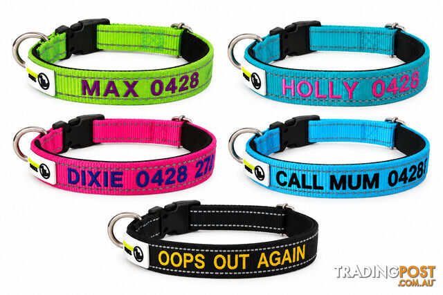 Doggie ID Collar Nylon w/Reflective Stitching Padded Embroidered Personalised...