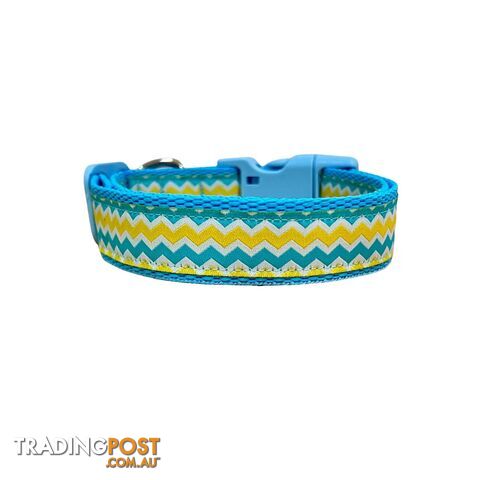 Blue & Yellow Waves Dog Collar - Hand Made by The Bark Side - TBSBLUSMLYEL