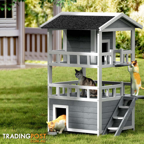 i.Pet Cat House Outdoor Shelter 72cm x 72cm x 127cm Rabbit Hutch Wooden Condo Small Dog Pet Houses Enclosure - PET-CH-R126-GR-AB