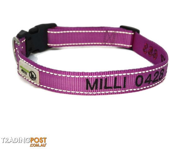 Doggie ID Collar Nylon w/Reflective Stitching Embroidered Personalised Custom. - GC-DIC-031-L-PUR