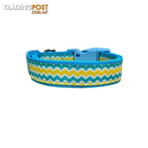 Blue & Yellow Waves Dog Collar - Hand Made by The Bark Side - TBSBLUSMLBBL