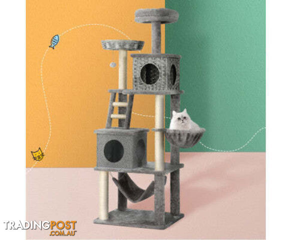 i.Pet Cat Tree 169cm Tower Scratching Post Scratcher with Wood Bed Condo House and Rattan Ladder - PET-CAT-RATTAN02-GR