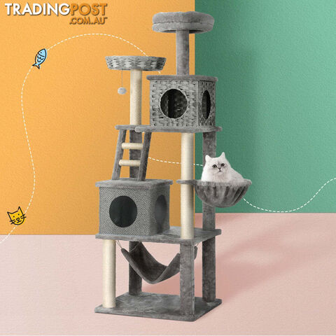 i.Pet Cat Tree 169cm Tower Scratching Post Scratcher Wood Bed Condo House Rattan Ladder - PET-CAT-RATTAN02-GR