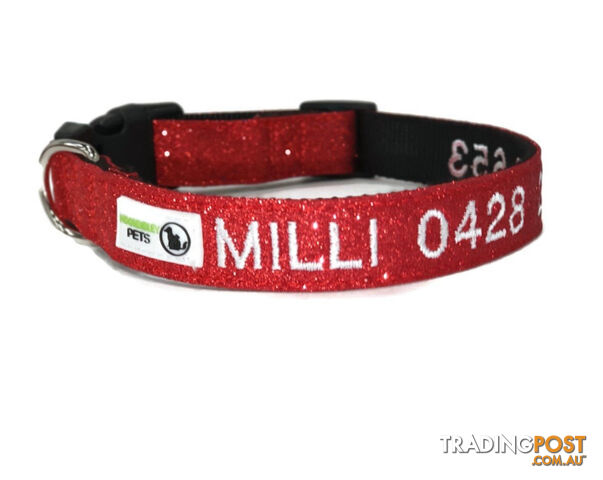 Doggie ID Collar - Bling Glitter Overlay Nylon Collar, Embroidered Personised Custom. - GC-DIC-BLING-S-HPNK
