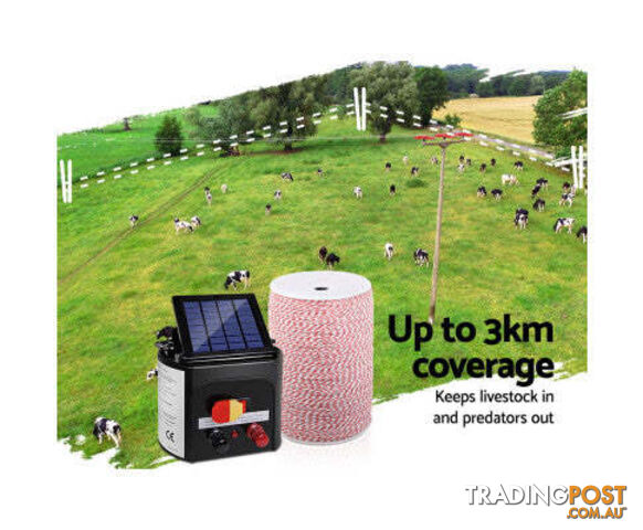 Giantz 3KM 5KM OR 8KM Solar Electric Fence Energiser Energizer 2000M Poly Fencing Wire Tape - SFC-SO10-3KM-2000-NS