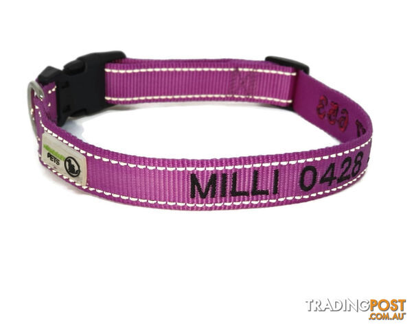 Doggie ID Collar Nylon w/Reflective Stitching Embroidered Personalised Custom. - GC-DIC-031-L-GRN