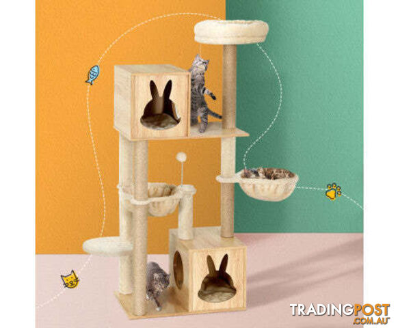 i.Pet Cat Tree Tower Scratching Post with Wood Bed Condo House 141cm - PET-CAT-WOOD02-BE