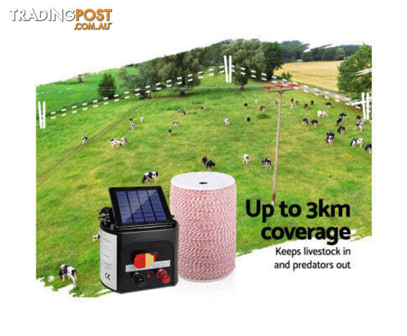 Giantz 3KM 5KM OR 8KM Solar Electric Fence Energiser Energizer 2000M Poly Fencing Wire Tape - SFC-SO15-5KM-2000-NS