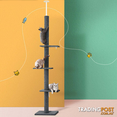 i.Pet Cat Tree 290cm Tower Scratching Post Scratcher Floor to Ceiling Cats Bed Grey - PET-CAT-POLE-GR