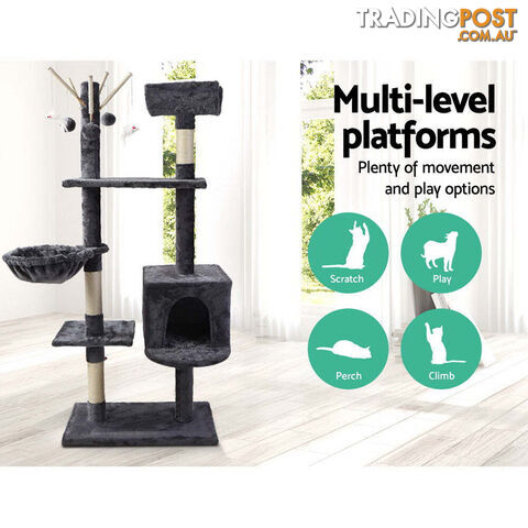 i.Pet Cat Tree 140cm Tower Scratching Post Scratcher Trees Toys Condo Bed Grey - PET-CAT-FL08-GR