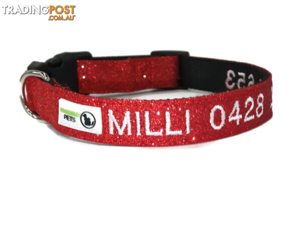 Doggie ID Collar - Bling Glitter Overlay Nylon Collar, Embroidered Personised Custom. - GC-DIC-BLING-L-HPNK