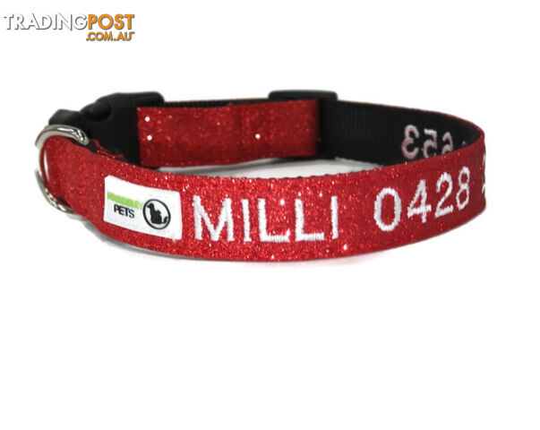 Doggie ID Collar - Bling Glitter Overlay Nylon Collar, Embroidered Personised Custom. - GC-DIC-BLING-L-HPNK