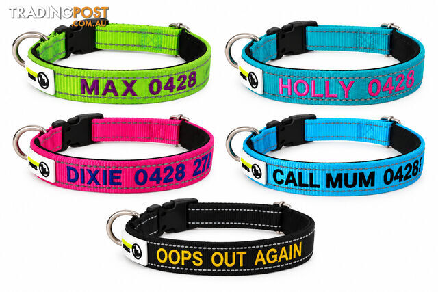 Doggie ID Collar Nylon w/Reflective Stitching Padded Embroidered Personalised...