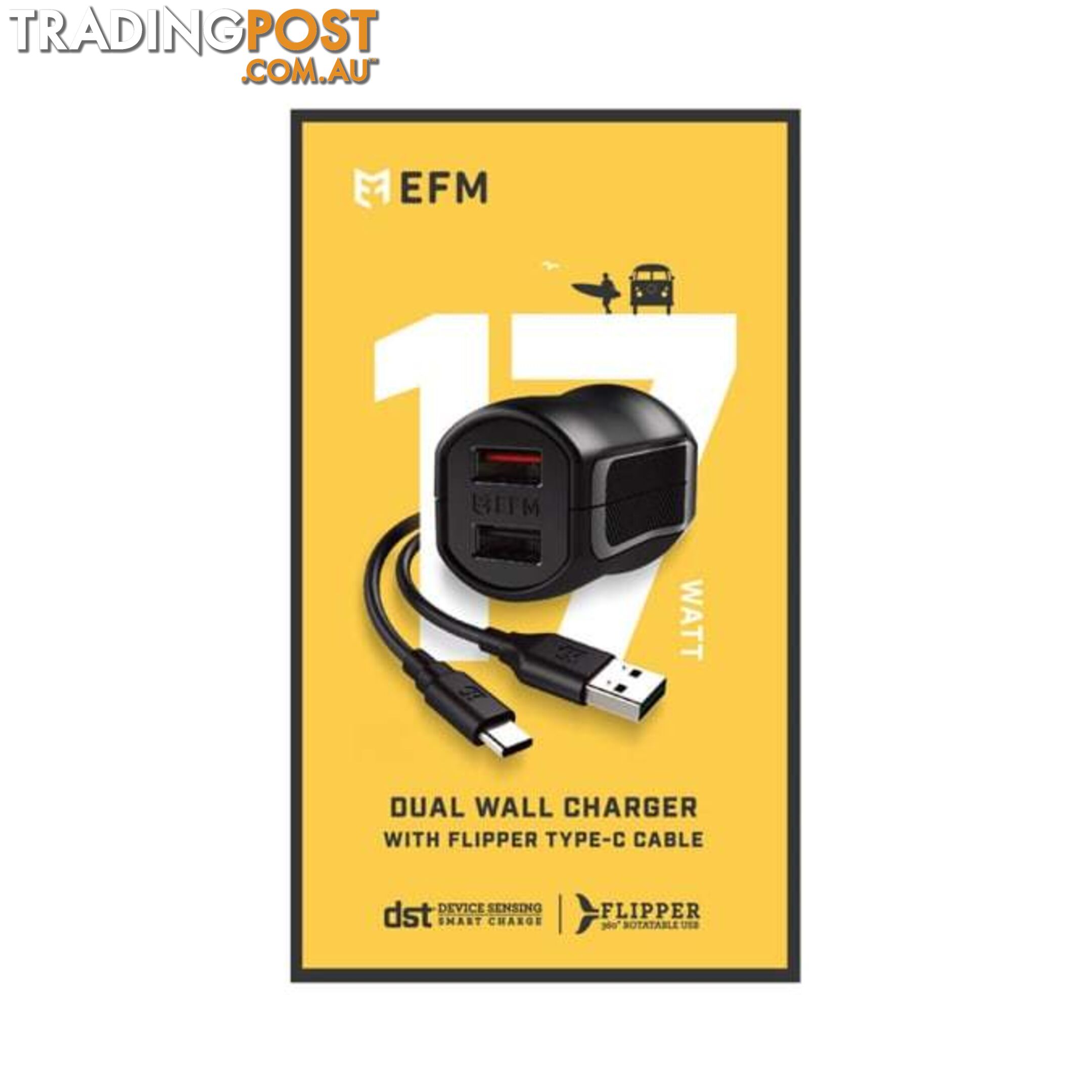 EFM Dual USB Rapid Wall Charger 3.4A With Type C Cable - EFM - 9319655058511