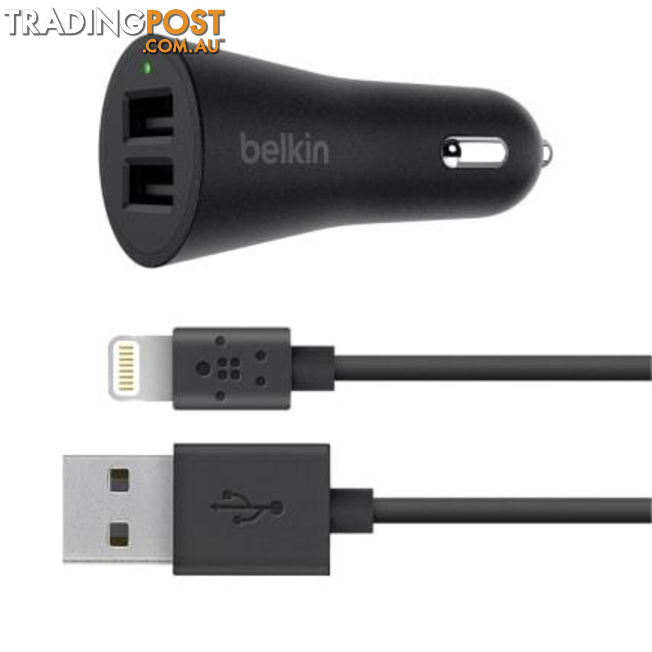 Belkin BOOSTUP 2-Port 24W Metallic Car Charger With USB-A to Lightning cable - Black - Belkin - 745883738694