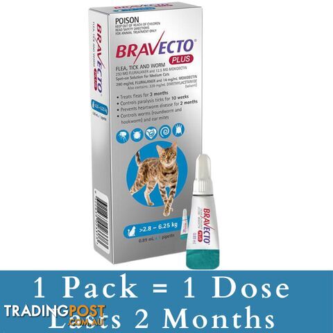 BRAVECTO PLUS FOR MEDIUM CATS 2.8 - 6.25KG (BLUE)