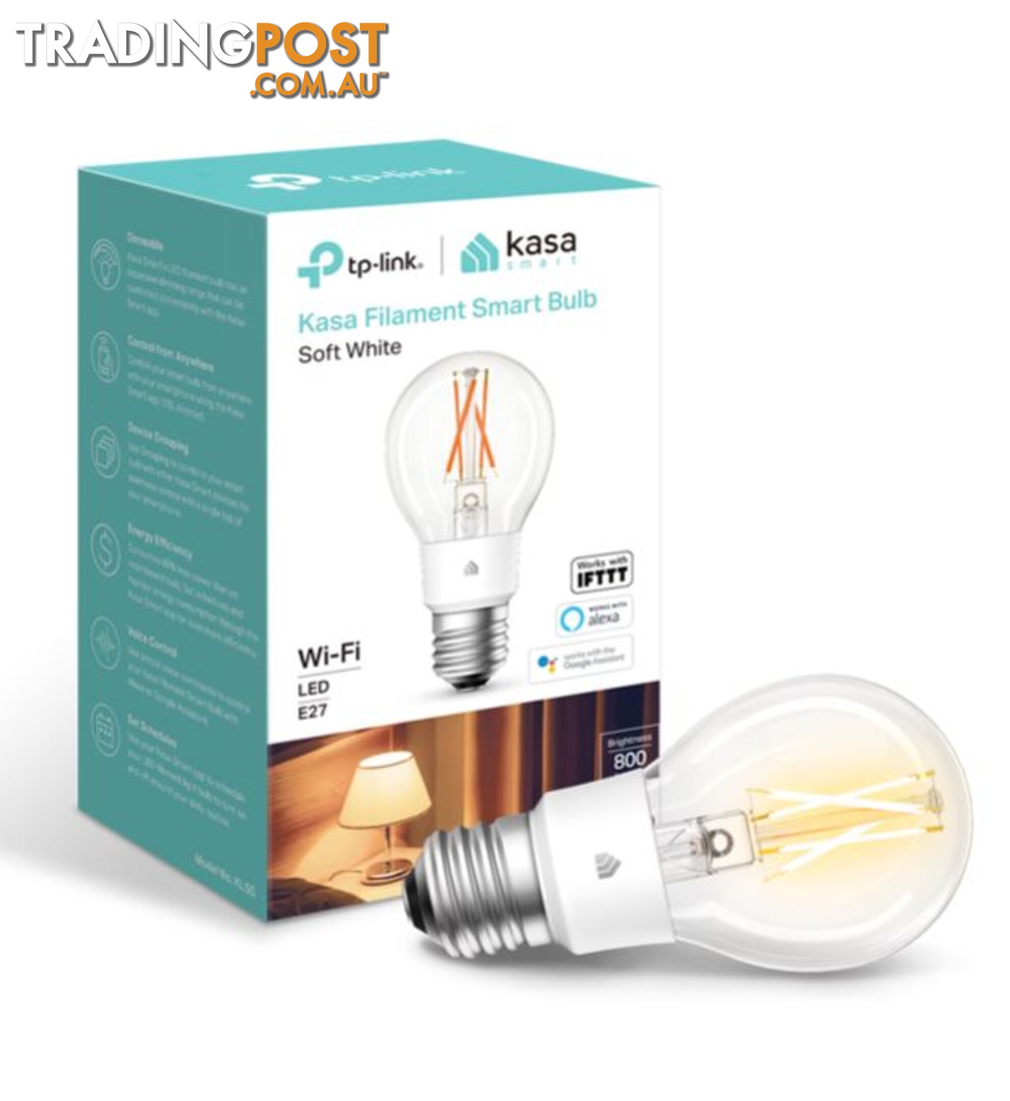 TP-Link KL50 Kasa Filament Smart Bulb, Soft White, Edison Screw, Dimmable, No Hub Required, Voice Control, 2700K, 7kWh/1000h, 2.4 GHz, 2 Year Warranty - HETL-KL50