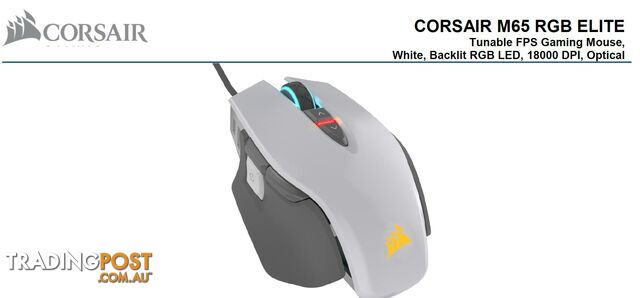 Corsair M65 RGB ELITE Tunable FPS Gaming Mouse White with Black, 18000 DPI, Optical, iCUE Software. - MICH-M65RGBELITE-WK
