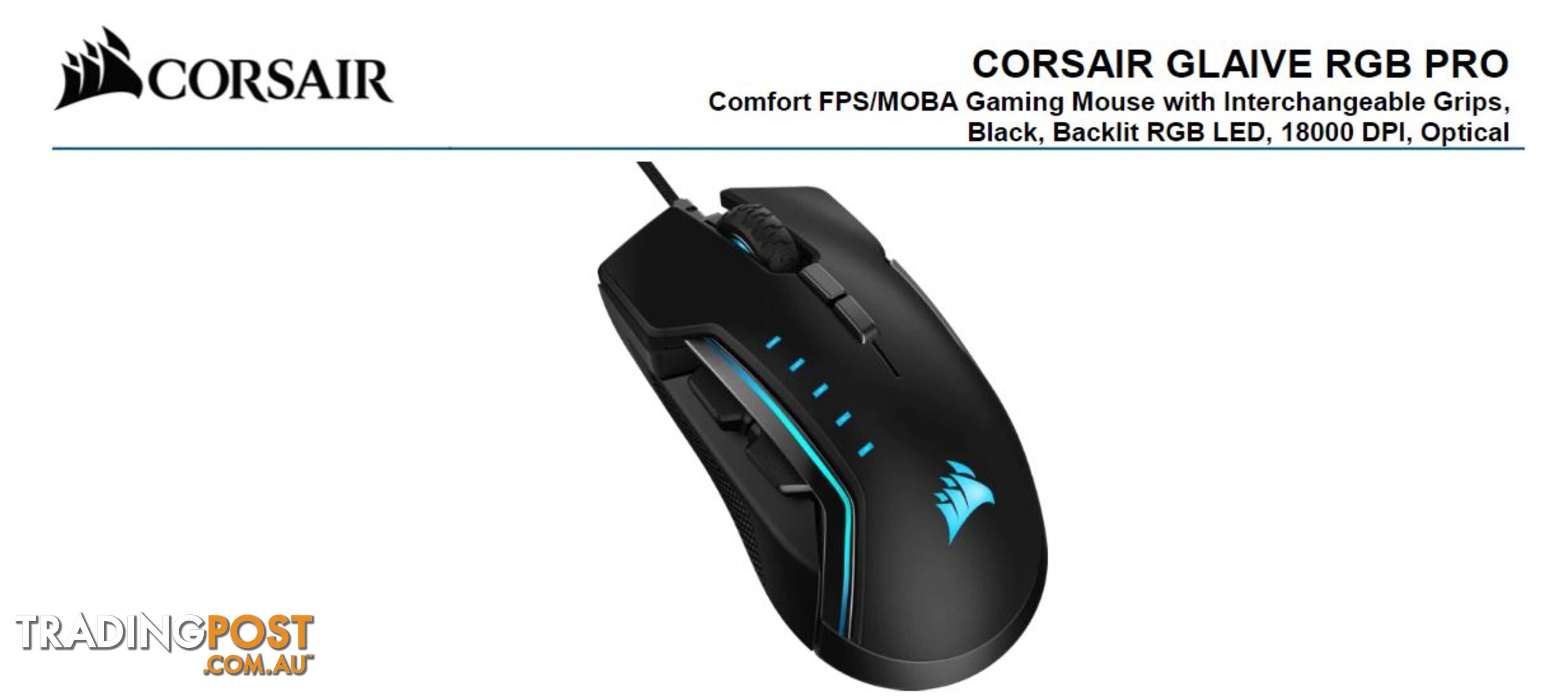 Corsair Gaming GLAIVE PRO RGB Gaming Mouse â Black, Backlit RGB LED, 18000 DPI, Optical, CUE Software, Changeable Thumb Grips. - MICH-GLAIVE-PRORGBBK