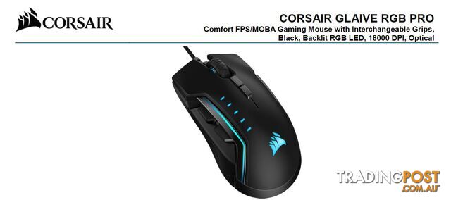 Corsair Gaming GLAIVE PRO RGB Gaming Mouse â Black, Backlit RGB LED, 18000 DPI, Optical, CUE Software, Changeable Thumb Grips. - MICH-GLAIVE-PRORGBBK