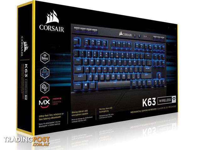 Corsair Gamingâ¢ K63 Wireless Backlit Blue LED, Cherry MX Red, Mechanical Gaming Keyboard â - KBCH-K63BLUE-WL