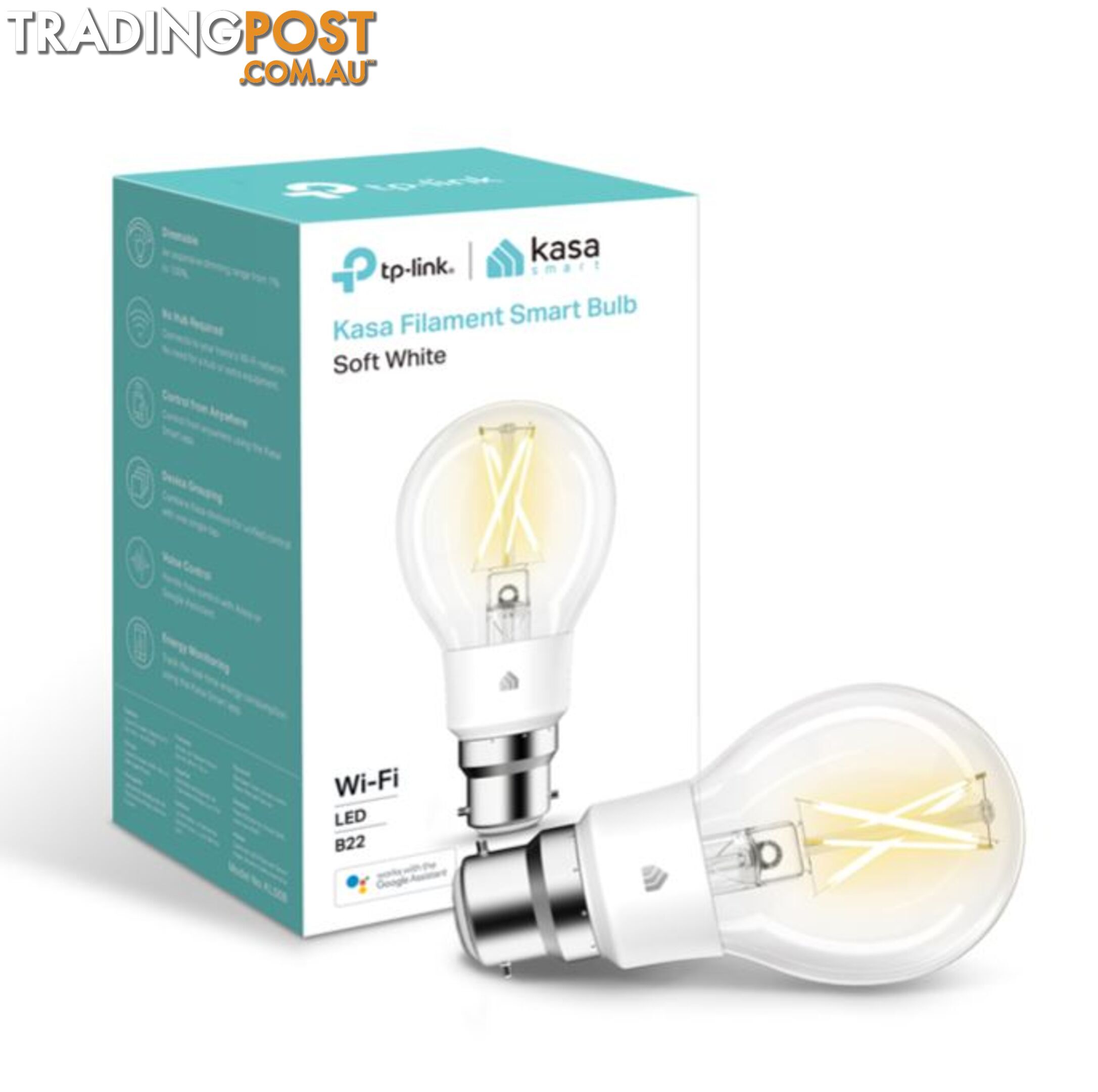 TP-Link KL50B Kasa Filament Smart Bulb, Soft White, Bayonet, Dimmable, No Hub Required, Voice Control, 2700K, 7kWh/1000h, 2.4 GHz, 2 Year Warranty - HETL-KL50B