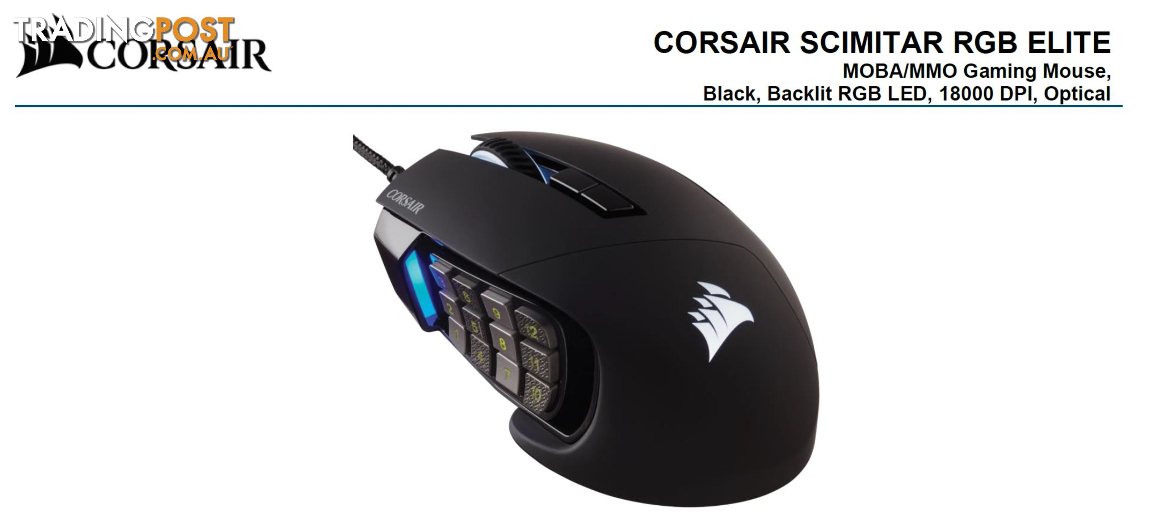 Corsair SCIMITAR RGB ELITE Black Gaming Mice, 17 programmable buttons, 18,000 DPI - MICH-SCIMITAR-EL-BK