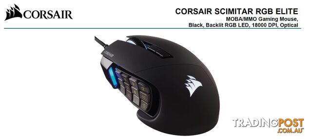 Corsair SCIMITAR RGB ELITE Black Gaming Mice, 17 programmable buttons, 18,000 DPI - MICH-SCIMITAR-EL-BK
