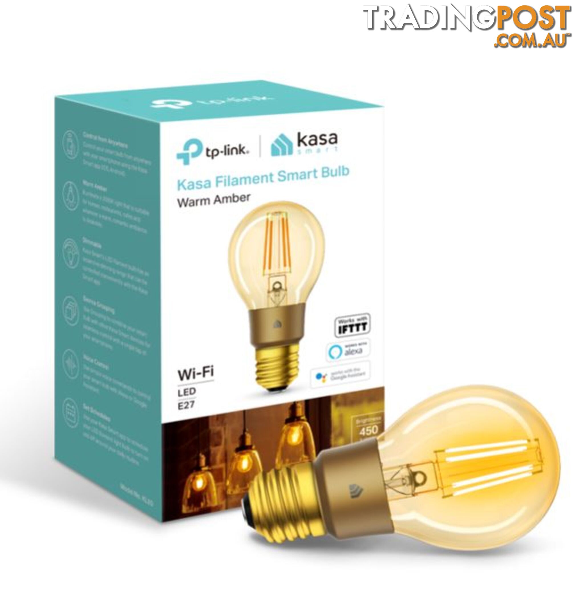 TP-Link KL60 Kasa Filament Smart Bulb, Warm Amber, Edison Screw, Dimmable, No Hub Required, Voice Control, 2000K, 5kWh/1000h, 2.4 GHz, 2 Year Warranty - HETL-KL60