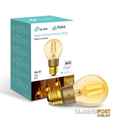 TP-Link KL60 Kasa Filament Smart Bulb, Warm Amber, Edison Screw, Dimmable, No Hub Required, Voice Control, 2000K, 5kWh/1000h, 2.4 GHz, 2 Year Warranty - HETL-KL60
