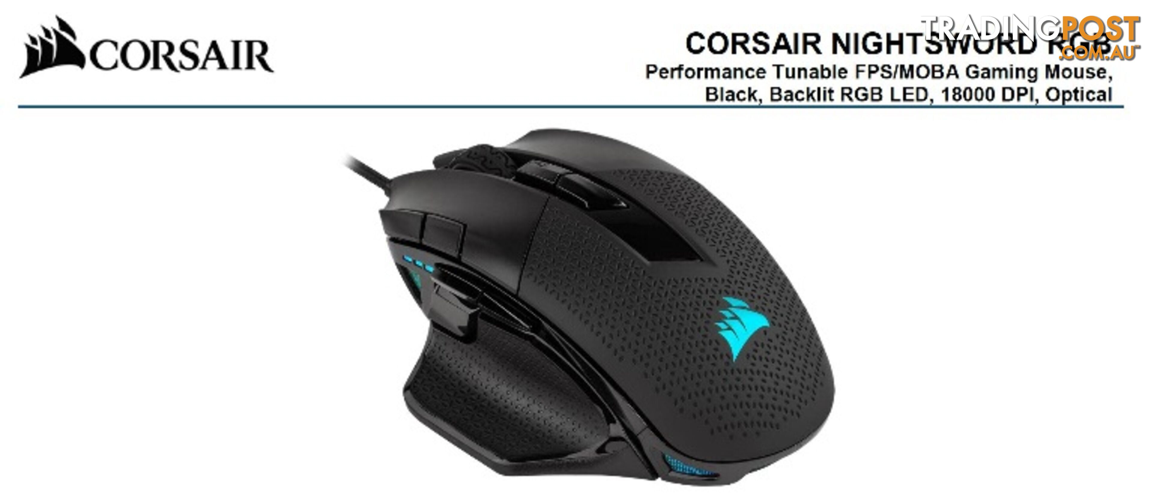 Corsair Nightsword RGB Smart Tunable, FPS/MOBA, 18000 DPI, Gaming Mouse - MICH-NIGHTSWORD-RGBK