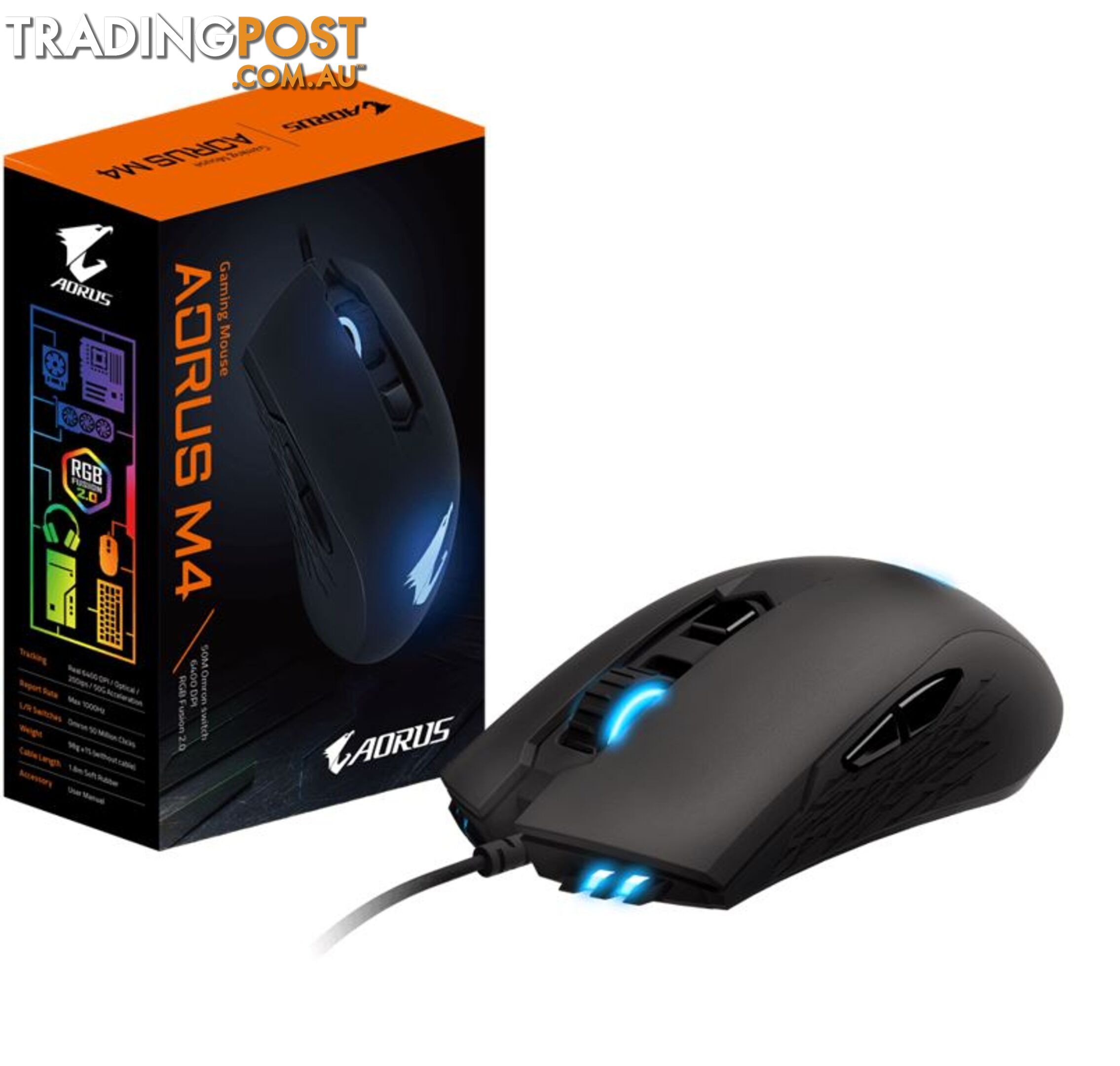 Gigabyte AORUS M4 Optical Gaming Mouse USB Wired 6400 dpi 1000Hz 98g 3D Scroll 50 million click Matte Black RGB Fusion2.0 On-the-fly DPI Adjustment - MIG-AORUSM4